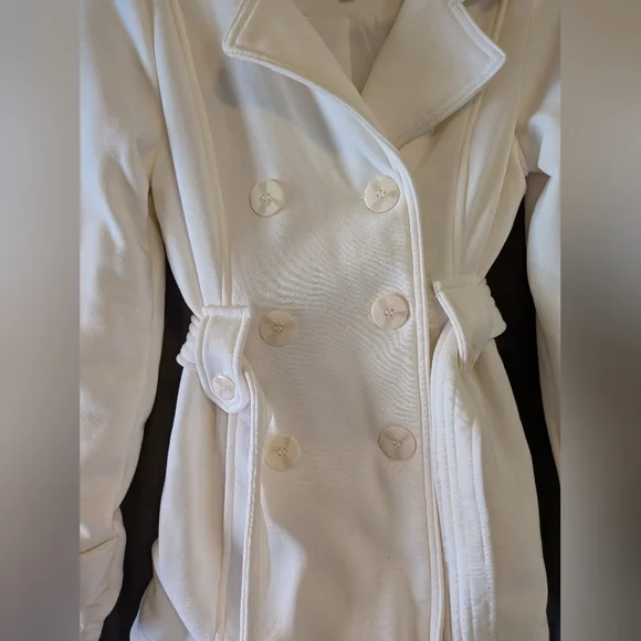 J2 Jou Jou Double Breasted Peacoat White Cream Belted Coat Jacket Sz. M - Picture 3 of 12